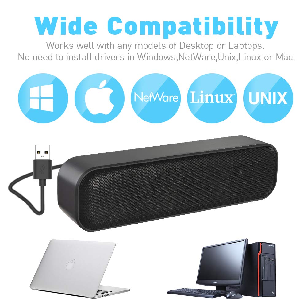 ZETIY Updated Computer Speaker, USB Powered Speaker for Desktop,Windows PC,Mac. Portable Mini Sound bar-Plug and Play with Volume Control and Mute Button (USB-C to USB Adapter Included)