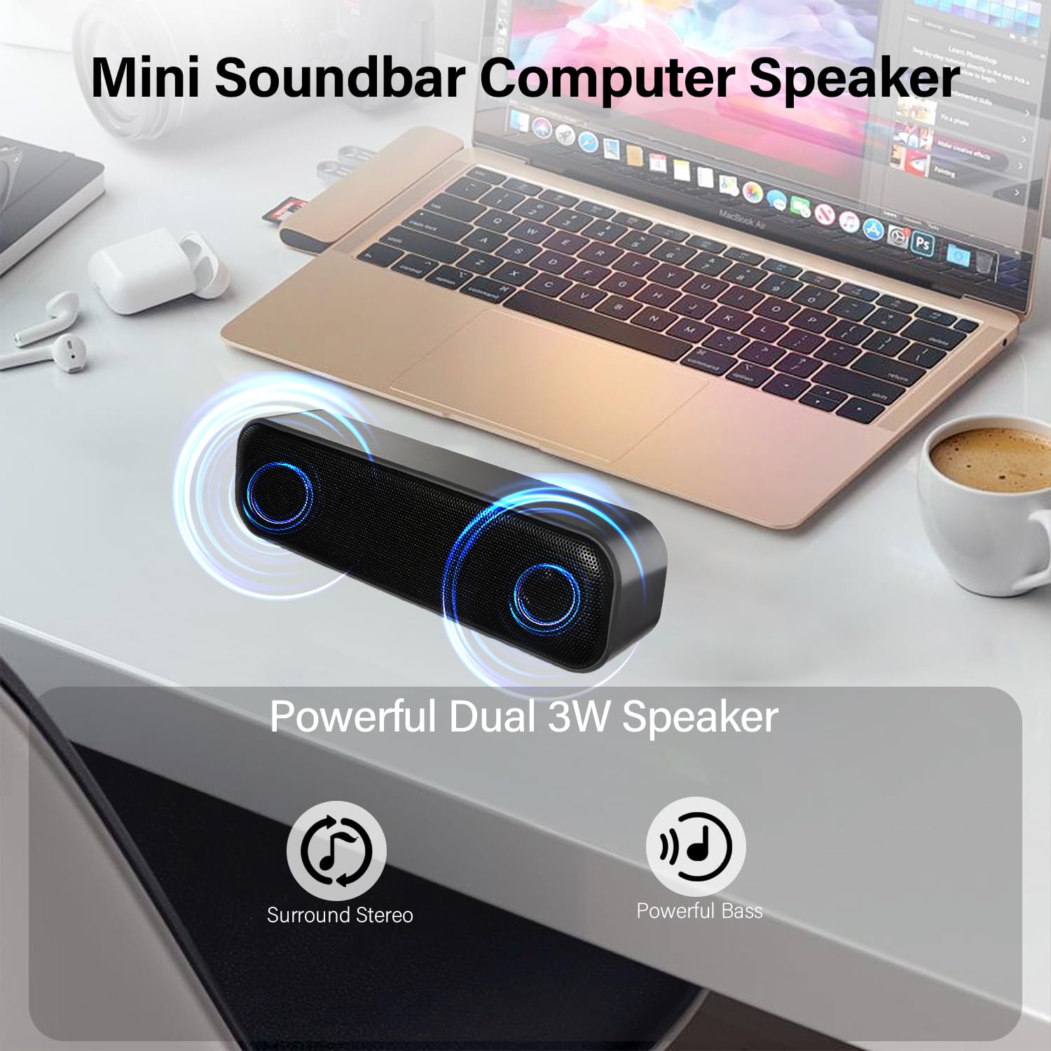 ZETIY Updated Computer Speaker, USB Powered Speaker for Desktop,Windows PC,Mac. Portable Mini Sound bar-Plug and Play with Volume Control and Mute Button (USB-C to USB Adapter Included)