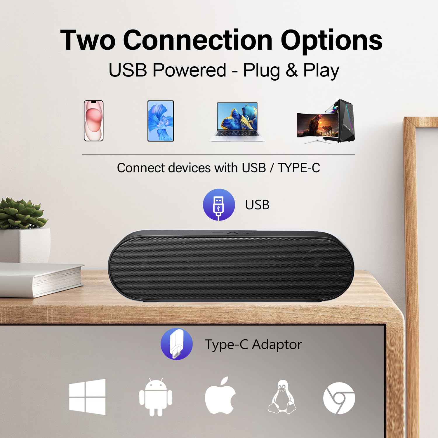 ZETIY Updated Computer Speaker, USB Powered Speaker for Desktop,Windows PC,Mac. Portable Mini Sound bar-Plug and Play with Volume Control and Mute Button (USB-C to USB Adapter Included)