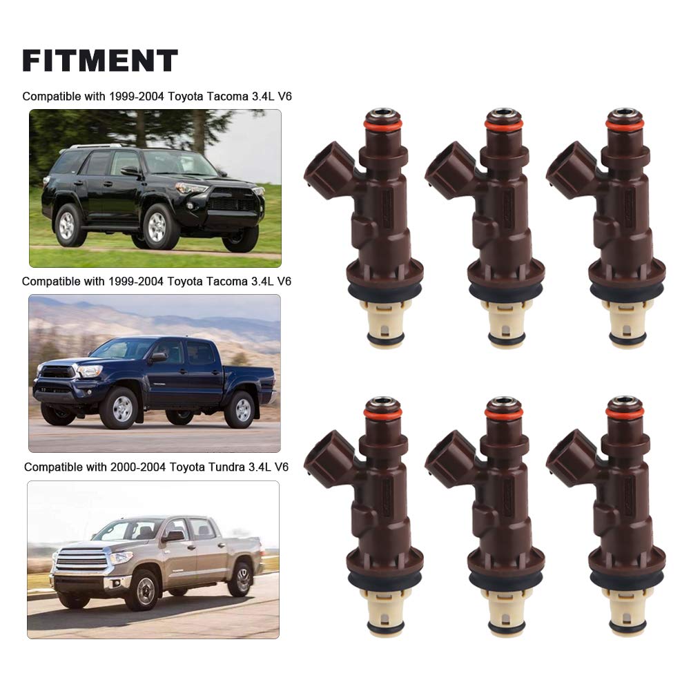 JDMON Compatible with Fuel injectors Toyota 4Runner Tacoma Tundra 3.4L V6 1999-2004 Replace 2320962040 2172933 2 Hole Pack of 6