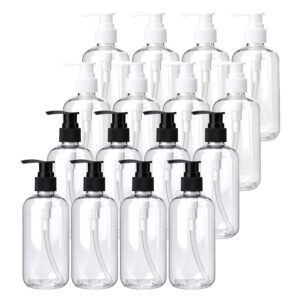 bekith 16 pack empty lotion bottles with black and white pumps, 8oz plastic clear round bottles containers for creams, hand soap, body wash