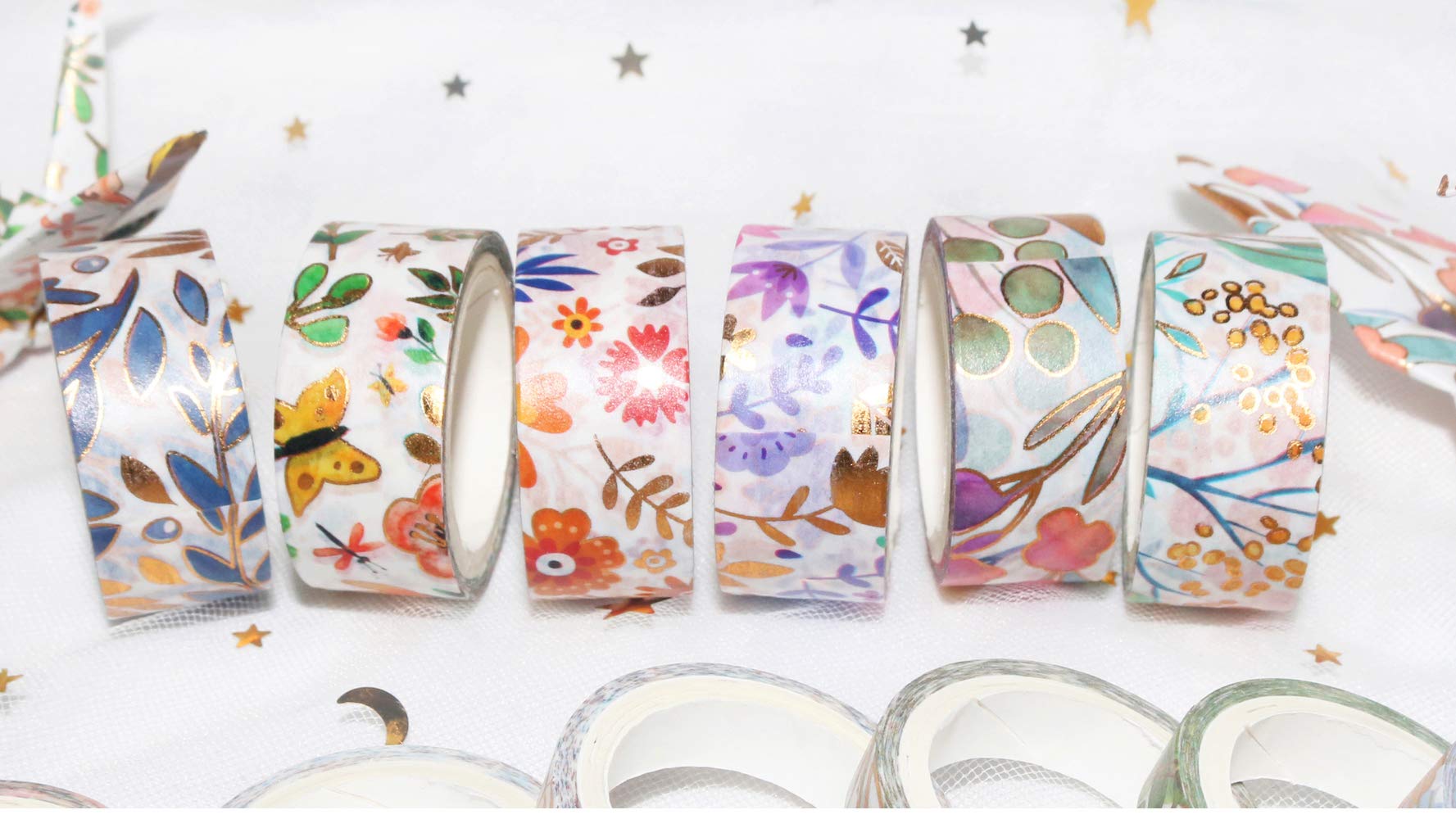 YUBBAEX Floral Gold Washi Tape Set VSCO Foil Masking Tape Decorative for Arts, DIY Crafts, Journal Supplies, Planners, Scrapbook, Card/Gift Wrapping -8/15mm- (Blooming 18 Rolls)