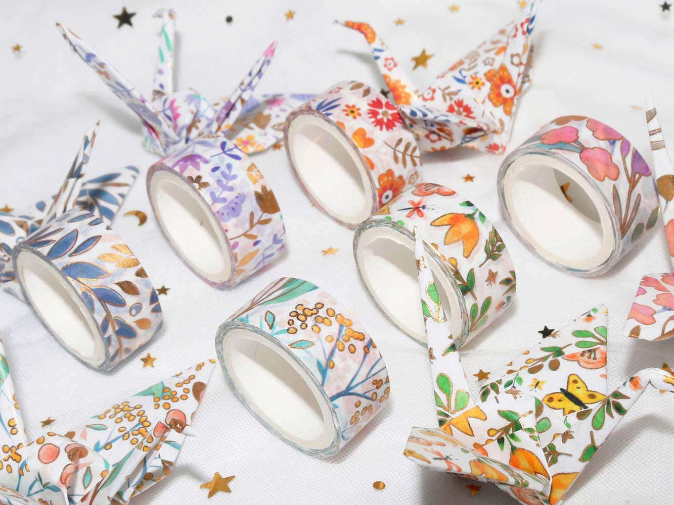 YUBBAEX Floral Gold Washi Tape Set VSCO Foil Masking Tape Decorative for Arts, DIY Crafts, Journal Supplies, Planners, Scrapbook, Card/Gift Wrapping -8/15mm- (Blooming 18 Rolls)