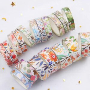 YUBBAEX Floral Gold Washi Tape Set VSCO Foil Masking Tape Decorative for Arts, DIY Crafts, Journal Supplies, Planners, Scrapbook, Card/Gift Wrapping -8/15mm- (Blooming 18 Rolls)