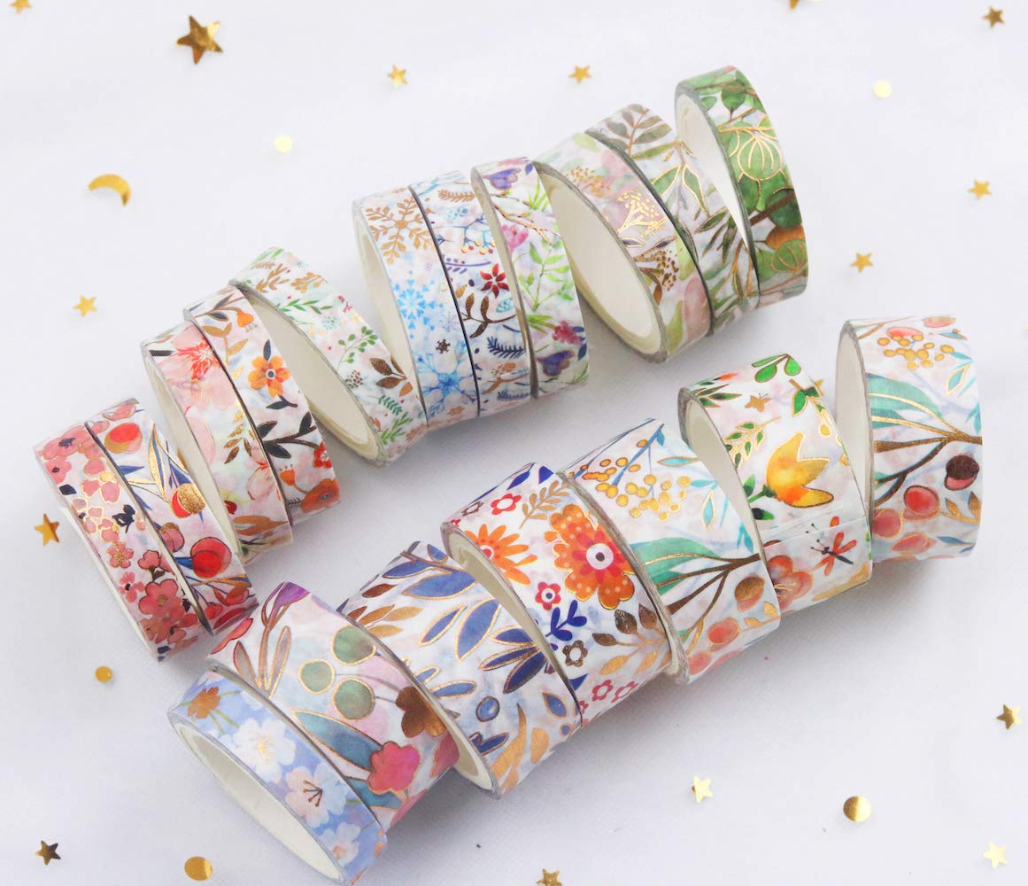 YUBBAEX Floral Gold Washi Tape Set VSCO Foil Masking Tape Decorative for Arts, DIY Crafts, Journal Supplies, Planners, Scrapbook, Card/Gift Wrapping -8/15mm- (Blooming 18 Rolls)