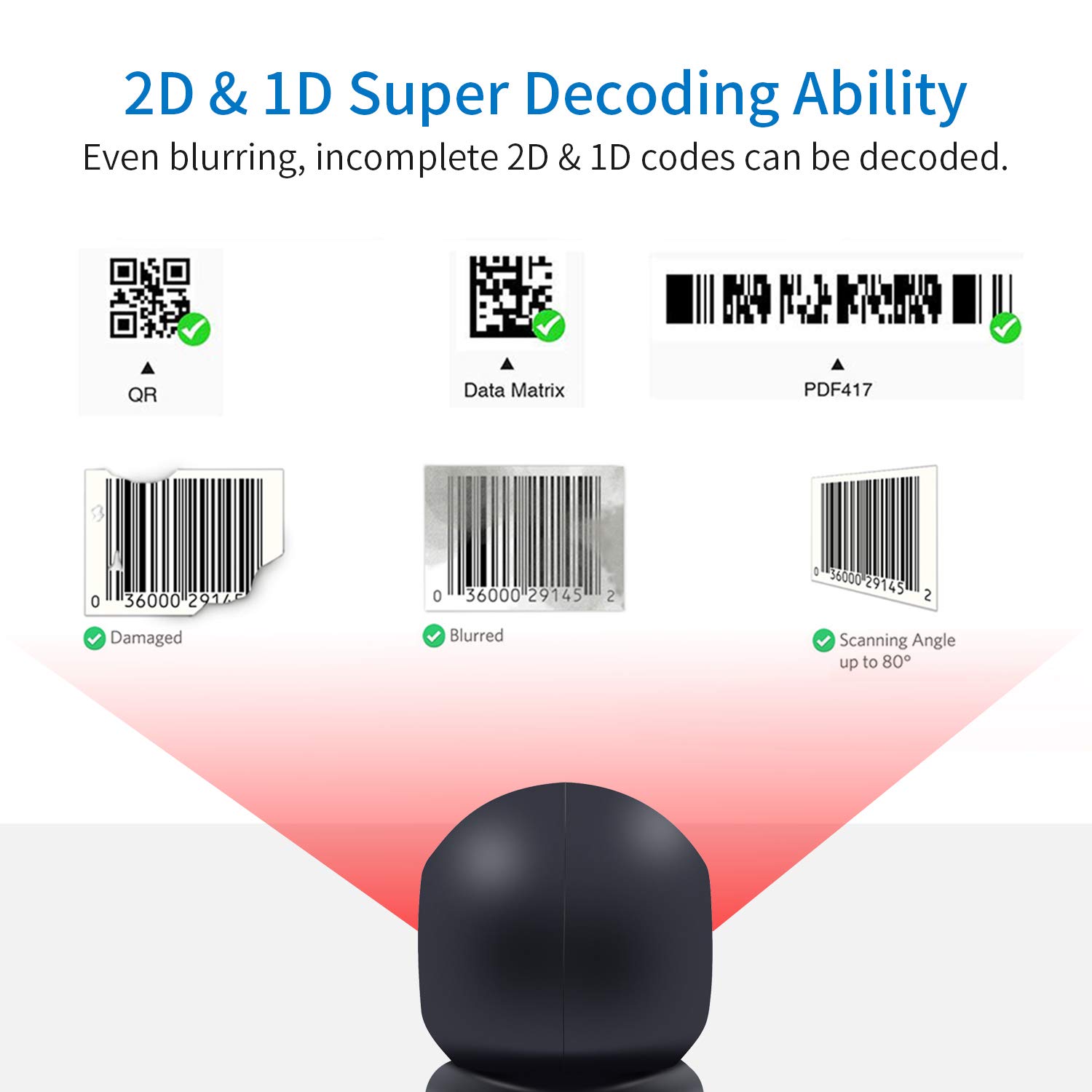 1D 2D QR Desktop Barcode Scanner, Symcode Omnidirectional Hands-Free Automatic USB Barcode Reader Scanner, Capture Barcodes from Mobile Phone Screen, Automatic Image Sensing Barcode Scanner