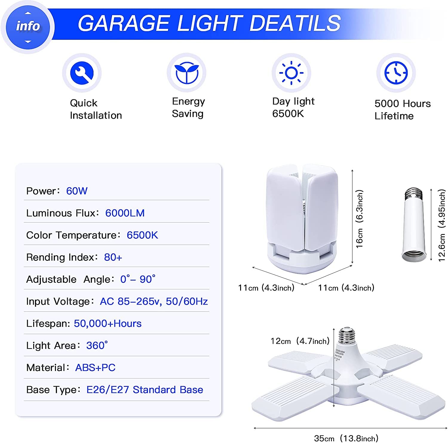 LED Garage Lights 2 Pack Garage Lights LED Light Garage E26 LED Garage Ceiling Lights 60W Deformable Garage Light with 4 Panels, LED Shop Light Garage Lights Ceiling Led for Garage, Working Light