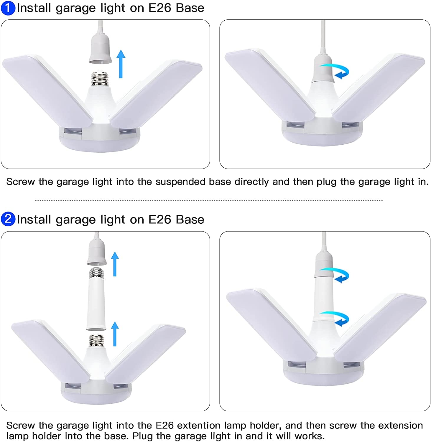 LED Garage Lights 2 Pack Garage Lights LED Light Garage E26 LED Garage Ceiling Lights 60W Deformable Garage Light with 4 Panels, LED Shop Light Garage Lights Ceiling Led for Garage, Working Light