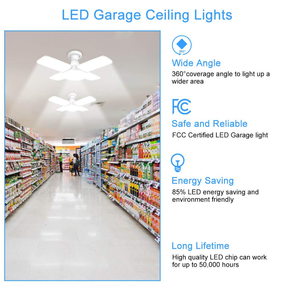 LED Garage Lights 2 Pack Garage Lights LED Light Garage E26 LED Garage Ceiling Lights 60W Deformable Garage Light with 4 Panels, LED Shop Light Garage Lights Ceiling Led for Garage, Working Light