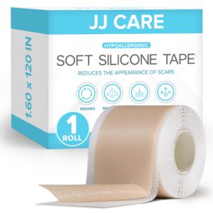 jj care soft silicone tape, 1.6” x 120” flexible silicone scar tape, medical grade silicone strips for scars, washable & reusable scar tape for surgical scars, latex-free scar tape