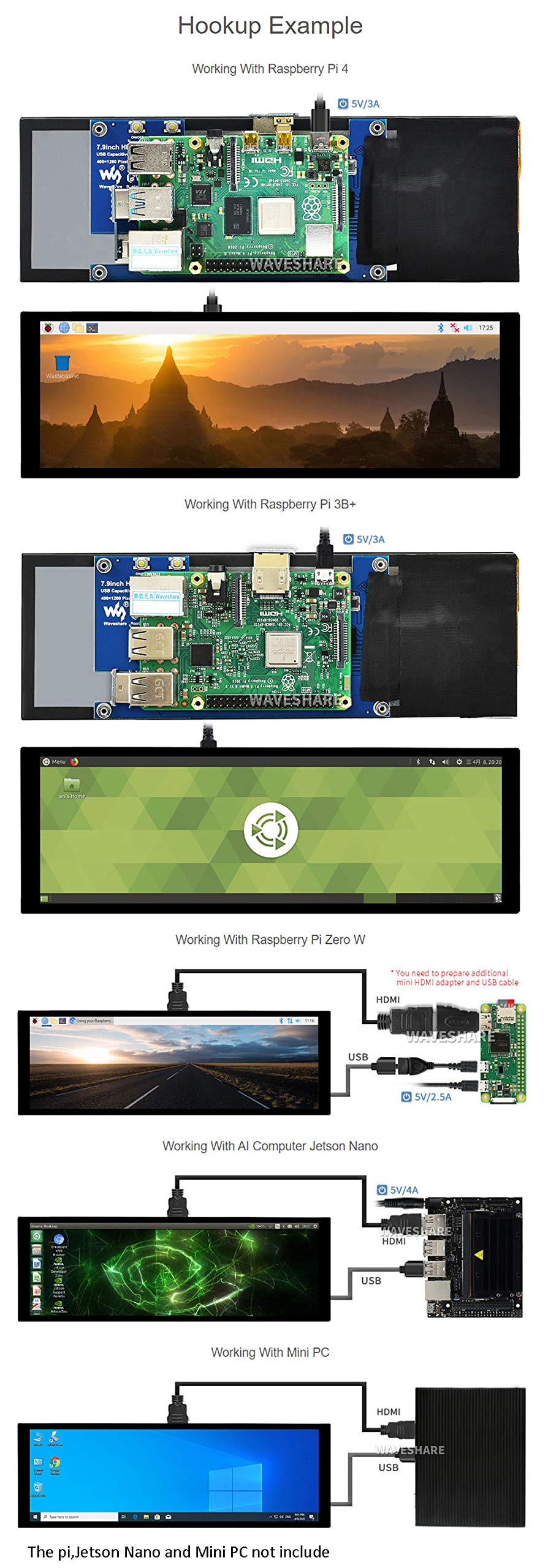 Waveshare 7.9inch Capacitive Touch Screen LCD Compatible with Raspberry Pi 5/4B/3B+/3A+/2B/B+/A+/Zero/Zero W/WH/Zero 2W CM3+/4 400×1280 Resolution HDMI IPS Supports Jetson Nano/Windows