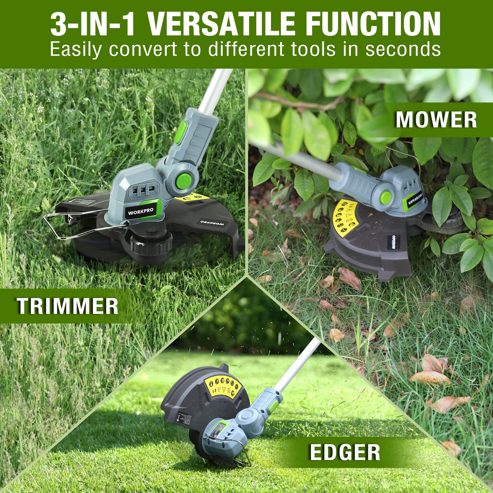 WORKPRO 20V Cordless String Trimmer/Edger, 12-inch, with 2Ah Lithium-Ion Battery, 1 Hour Quick Charger, 16.4ft Trimmer Line Included