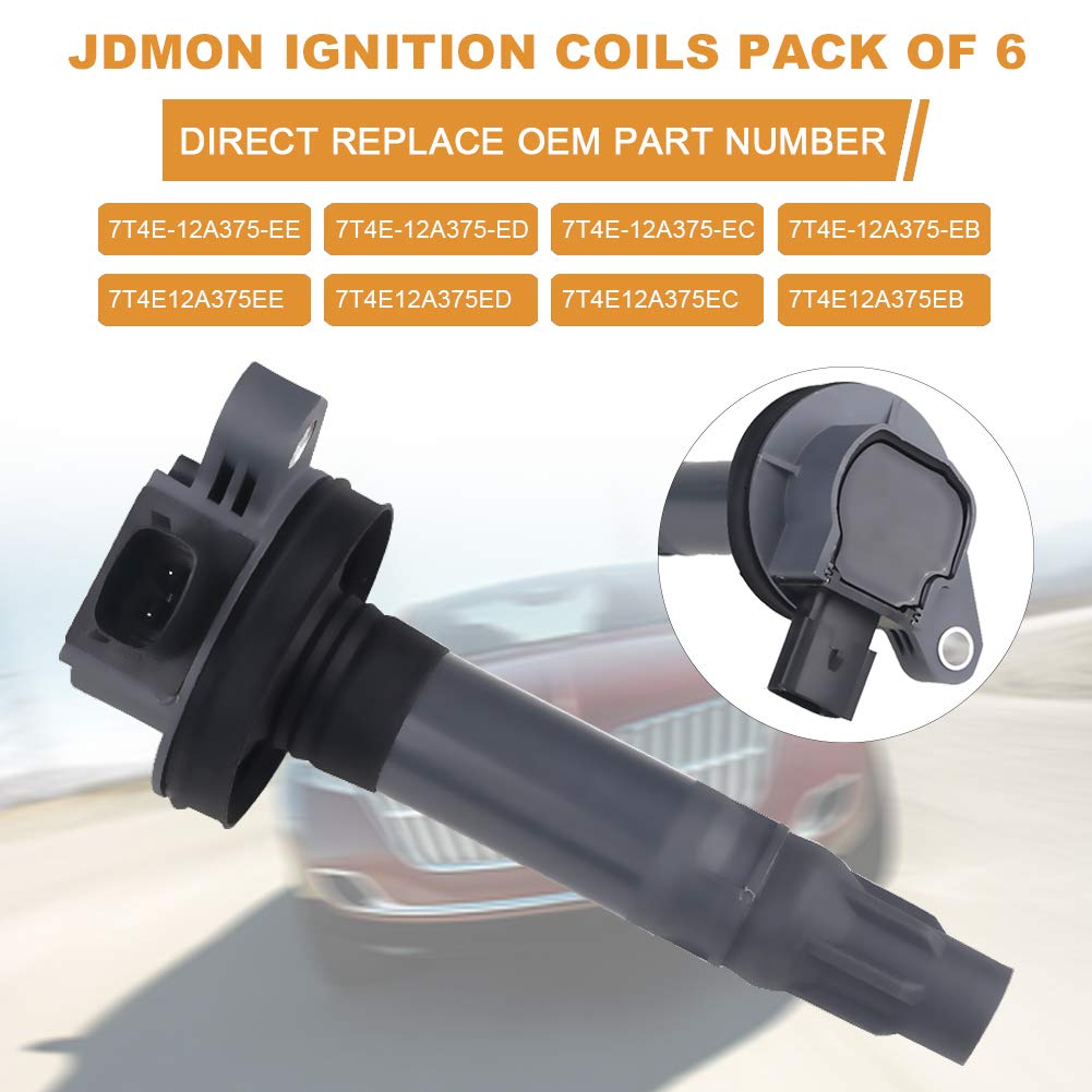 JDMON compatible with Ignition Coils Ford Lincoln Edge, Flex, F150, Explorer, Fusion, Mustang, Taurus, Taurus X, MKS, MKX, MKZ 3.5L, 3.7L V6 2007-2017 - Replaces 7T4E-12A375-EE, 7T4Z12029E Set of 6