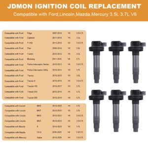 JDMON compatible with Ignition Coils Ford Lincoln Edge, Flex, F150, Explorer, Fusion, Mustang, Taurus, Taurus X, MKS, MKX, MKZ 3.5L, 3.7L V6 2007-2017 - Replaces 7T4E-12A375-EE, 7T4Z12029E Set of 6