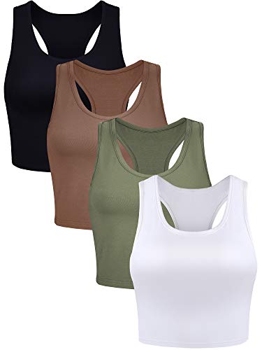 Boao 4 Pieces Basic Tank Tops Sleeveless Racerback Crop Top for Women(Black, White, Army Green, Coffee,Large)