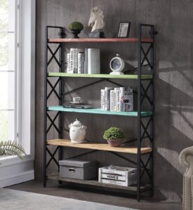 homyshopy industrial 5-tier solid wood bookshelf, open wide bookcase with metal frame and multicolor shelves, 47 inch freestanding etagere bookshelf for home & office