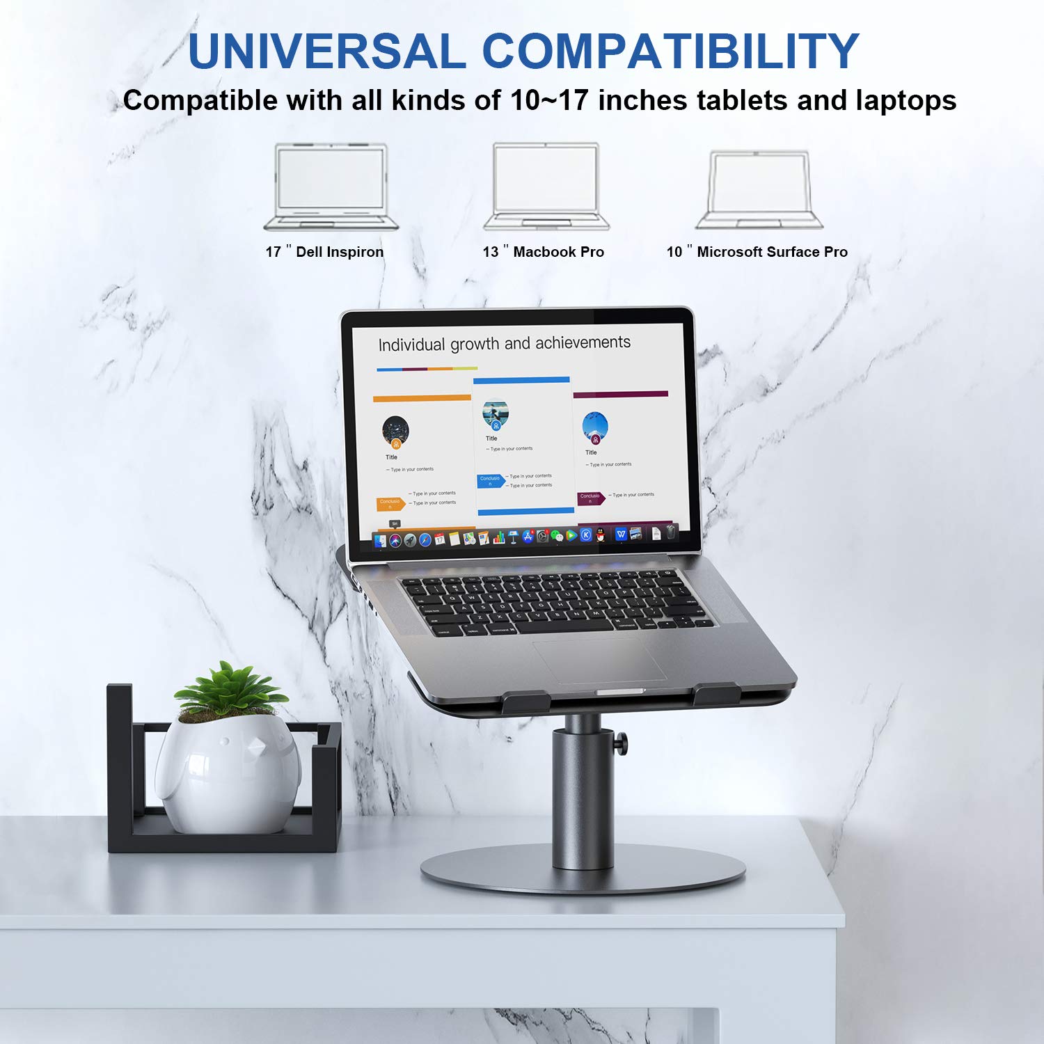 YoFeW Adjustable Laptop Stand, Aluminum Laptop Riser, Multi-Angle Height Adjustable 360°Rotation Computer Stand Desktop Holder Compatible with Mac MacBook Pro Air, Lenovo, Dell XPS, HP(10-17"),Gray