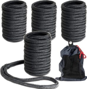 young marine double braided nylon dock lines rope，3/8 inch x 15ft dock line with 12 inch eyelet for mooring boats, black，4 pack