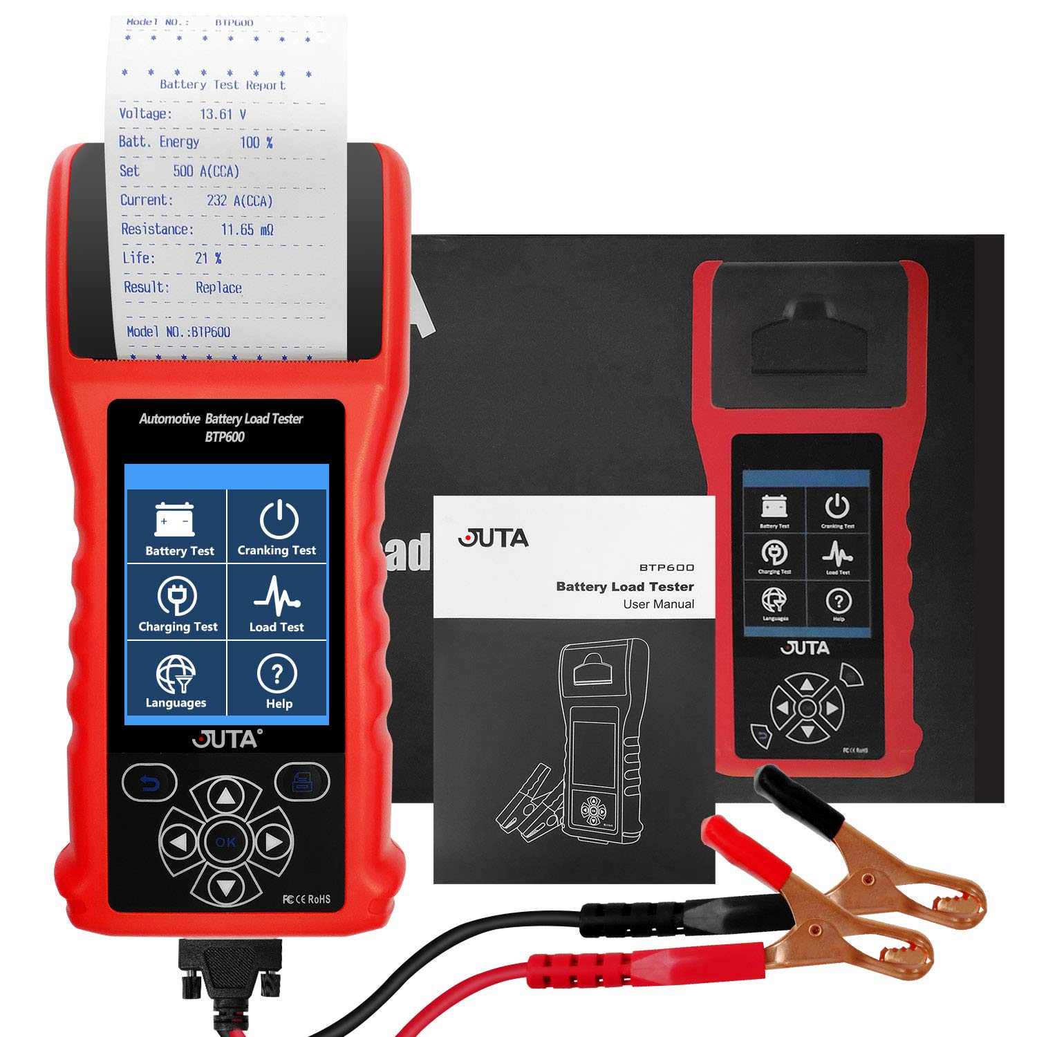 JUTA BTP600 Car Battery Load Tester Bad Cell Analyzer Auto 12V/24V 20-3000 CCA 240Ah Cranking Charging Test Tool for Automotive Motorcycle Heavy Duty Trucks