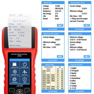 JUTA BTP600 Car Battery Load Tester Bad Cell Analyzer Auto 12V/24V 20-3000 CCA 240Ah Cranking Charging Test Tool for Automotive Motorcycle Heavy Duty Trucks