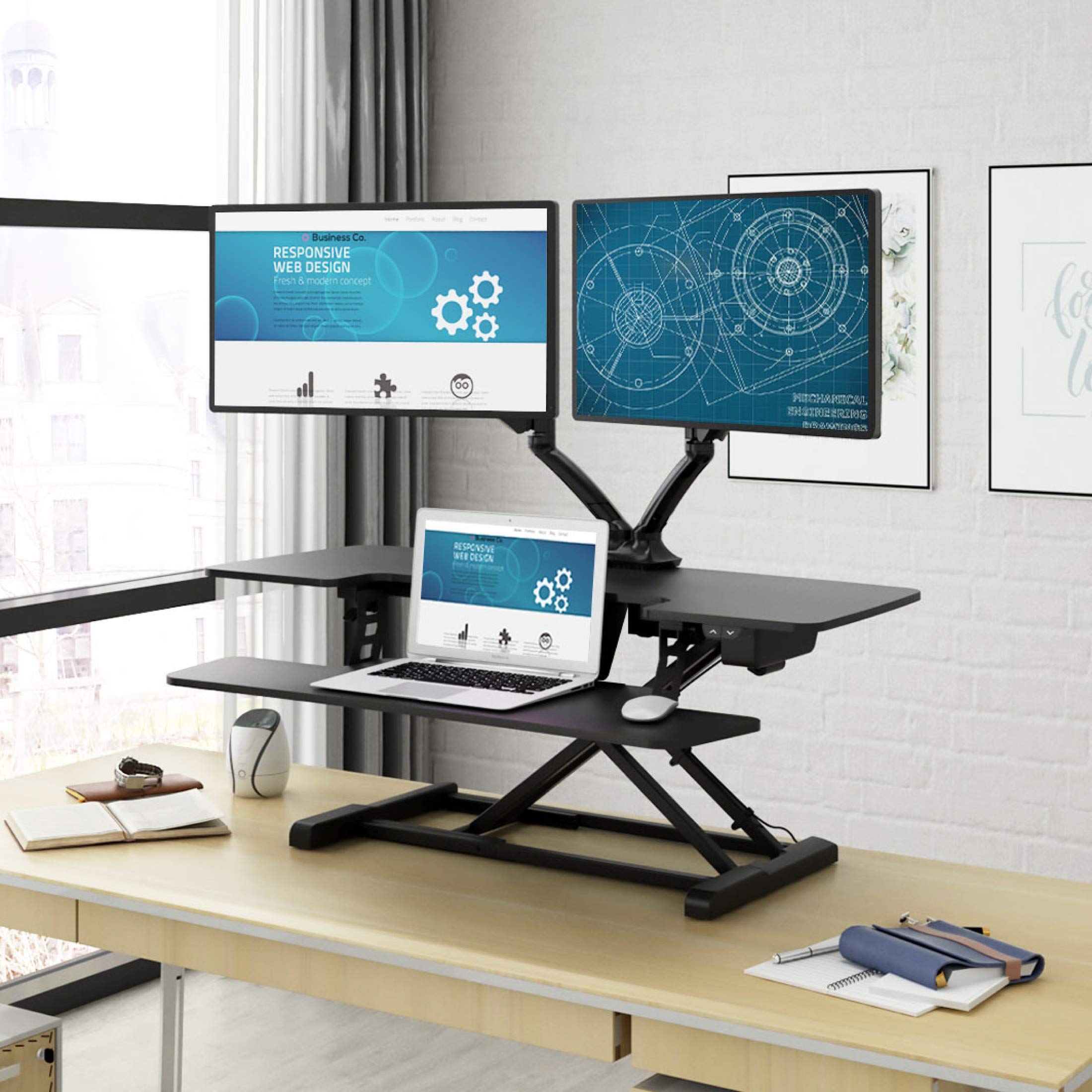 FLEXISPOT 40" Electric Height Adjustable Standing Desk Converter Motorized Stand-up Desk Riser with Quick Release Keyboard Tray, for Home and Office