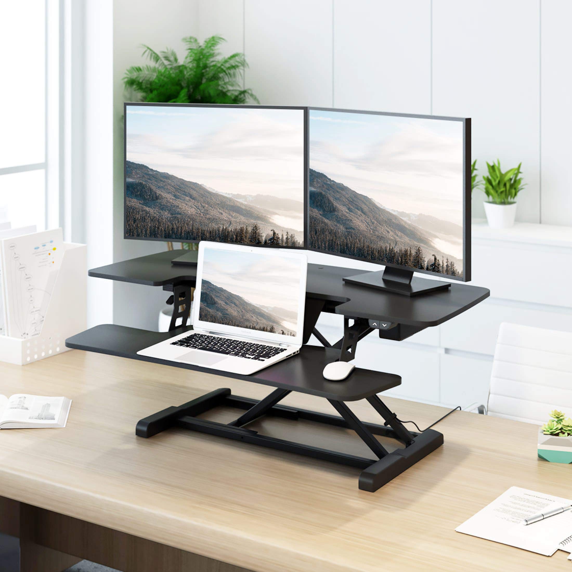 FLEXISPOT 40" Electric Height Adjustable Standing Desk Converter Motorized Stand-up Desk Riser with Quick Release Keyboard Tray, for Home and Office