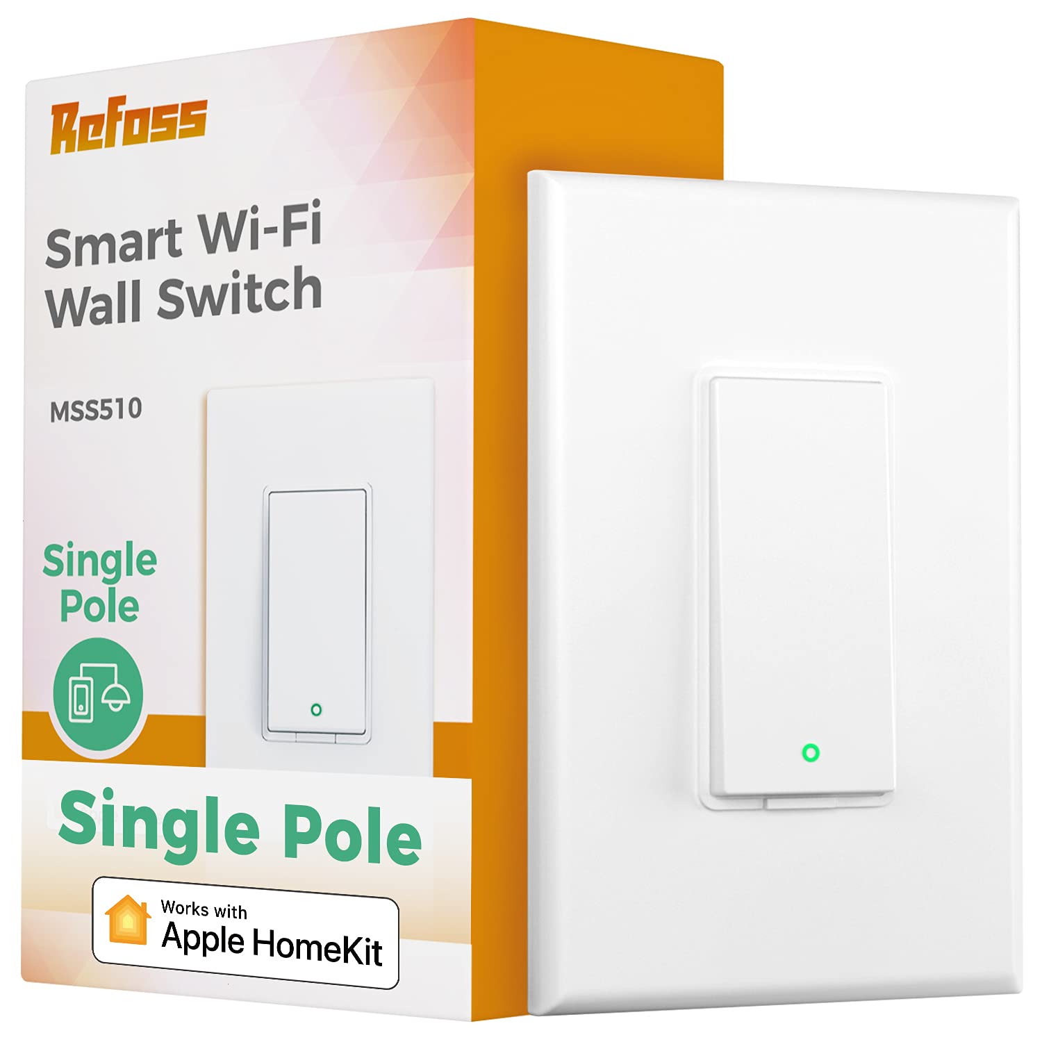 Refoss Smart Light Switch, Single Pole Smart Switch, Neutral Wire Required, Compatible with Apple HomeKit, Amazon Alexa and Hey Google, 2.4GHz Wi-Fi, Remote and Voice Control, No Hub Required, 1 Pack