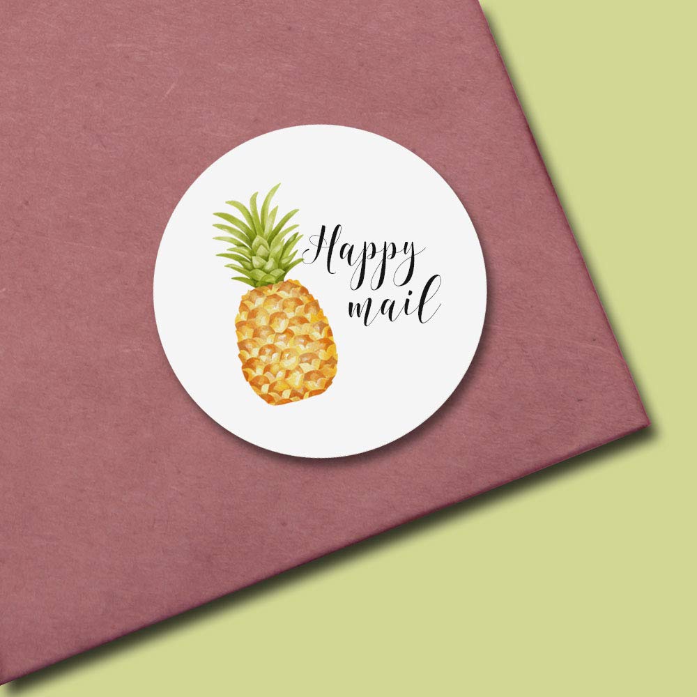 Pineapple Themed Happy Mail Thank You Customer Appreciation Sticker Labels for Small Businesses, 60 1.5" Circle Stickers by AmandaCreation, Great for Envelopes, Postcards, Direct Mail, & More!