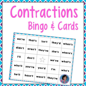 contractions bingo game, memory game and bang game with options for small group and whole group activities