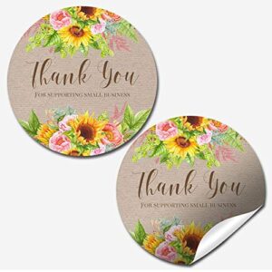 sunflower and peony thank you customer appreciation sticker labels for small businesses, 60 1.5" circle stickers by amandacreation, great for envelopes, postcards, direct mail, & more!