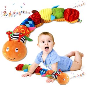 zucoop baby musical worm soft infant toy, 6 different sensory, crinkle and rattle stuffed animals for newborn toy tummy time 0-3-6-12 months old girl boy gifts, cuddly caterpillar