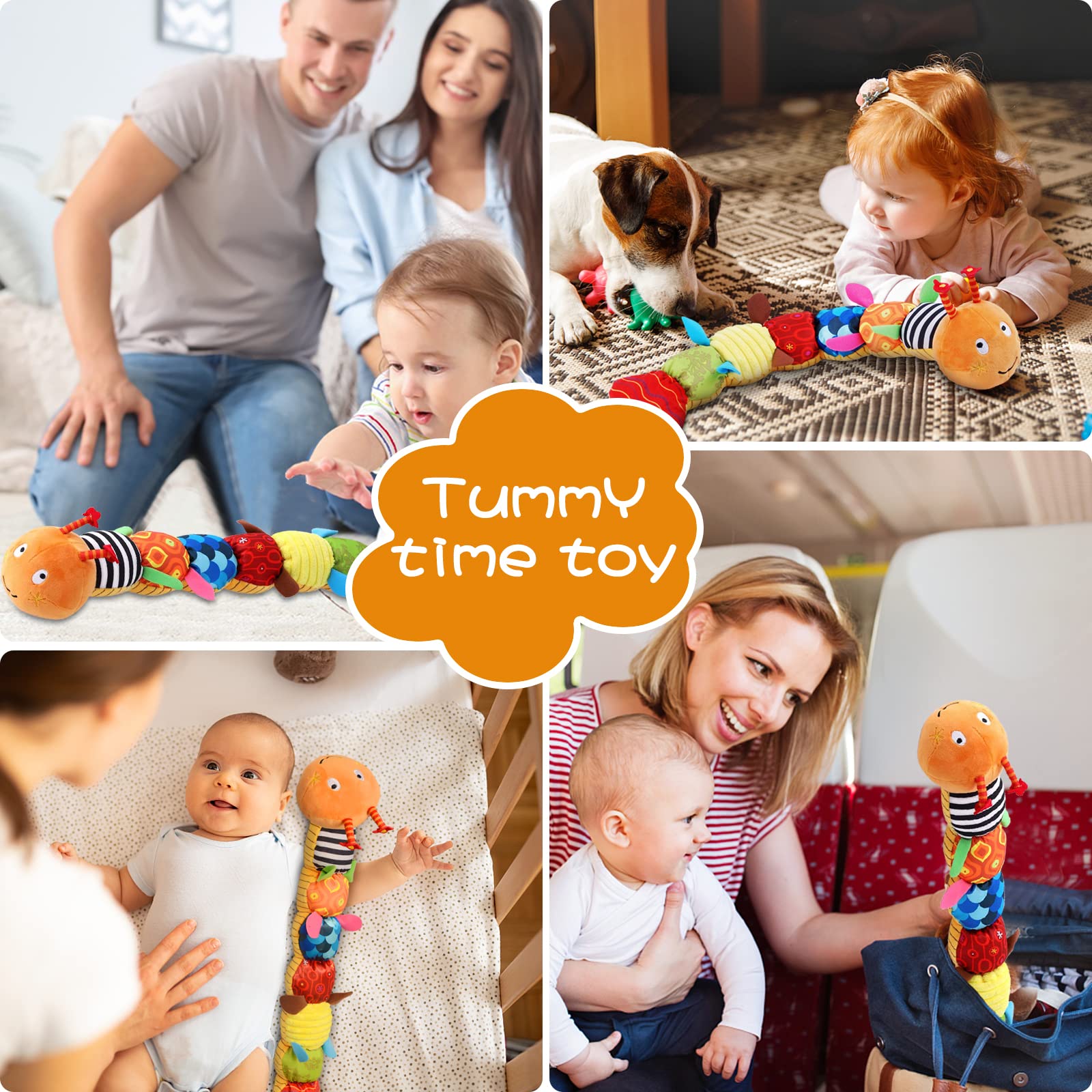 ZUCOOP Baby Musical Worm Soft Infant Toy, 6 Different Sensory, Crinkle and Rattle Stuffed Animals for Newborn Toy Tummy Time 0-3-6-12 Months Old Girl Boy Gifts, Cuddly Caterpillar