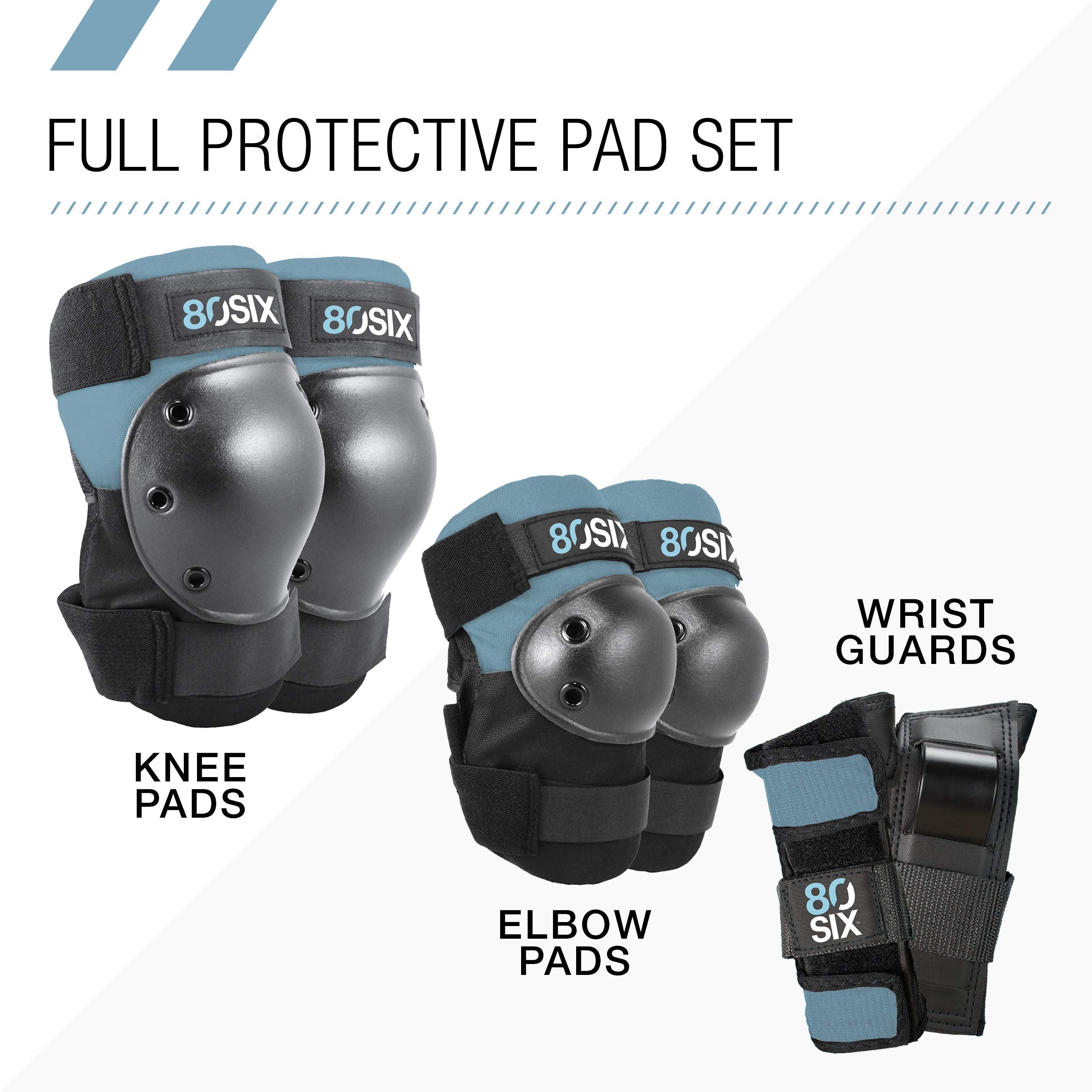 80Six Pad Set with Wristguards, Elbow Pads, and Knee Pads for Kids, Stone Blue, Junior - Ages 5+