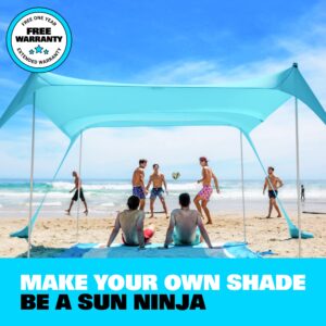 SUN NINJA Beach Tent Sun Shelter with UPF50+ Protection, Includes Sand Shovel, Ground Pegs and Stability Poles, Outdoor Pop Up Beach Shade Canopy for Camping, Fishing, Backyard Fun or Picnics