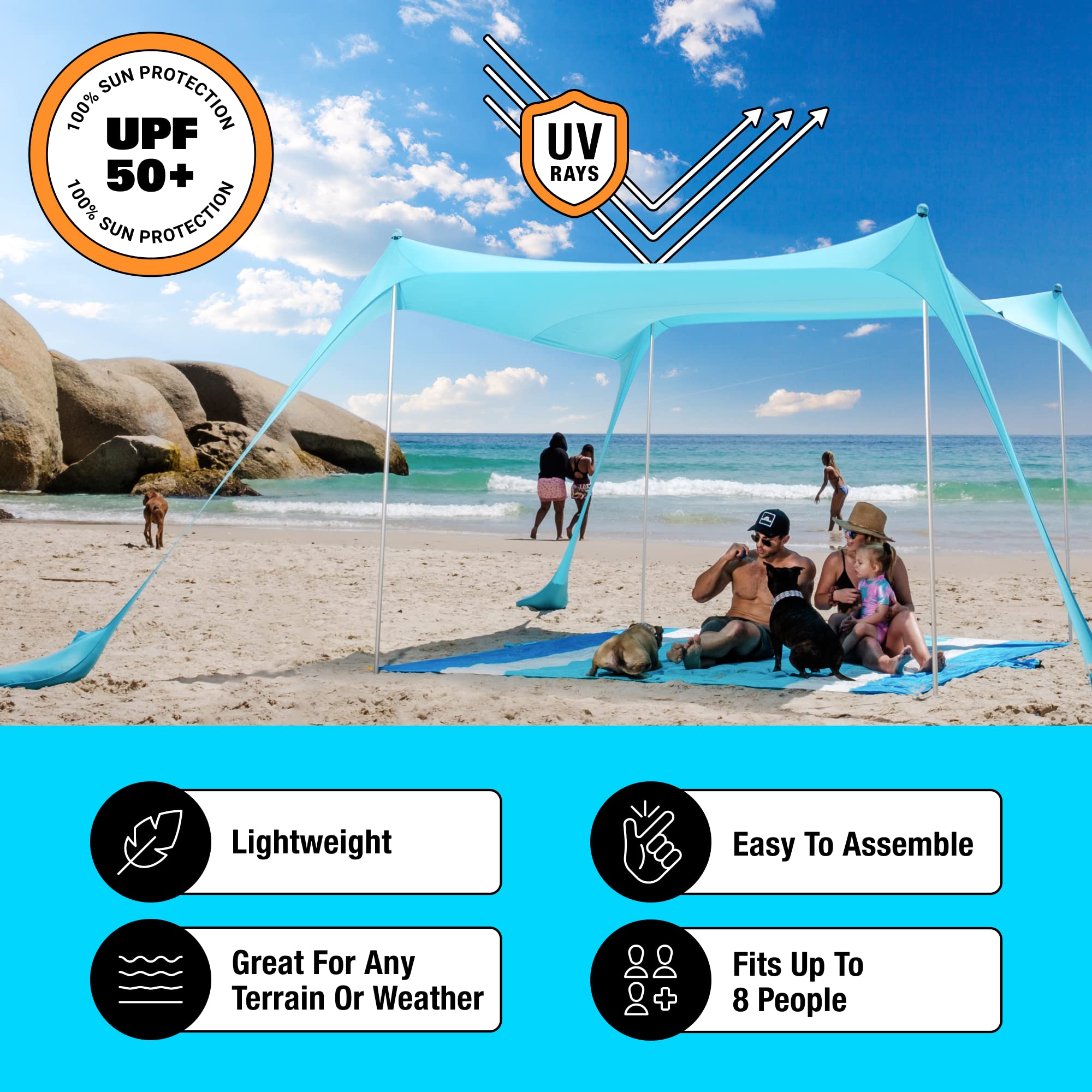 SUN NINJA Beach Tent Sun Shelter with UPF50+ Protection, Includes Sand Shovel, Ground Pegs and Stability Poles, Outdoor Pop Up Beach Shade Canopy for Camping, Fishing, Backyard Fun or Picnics