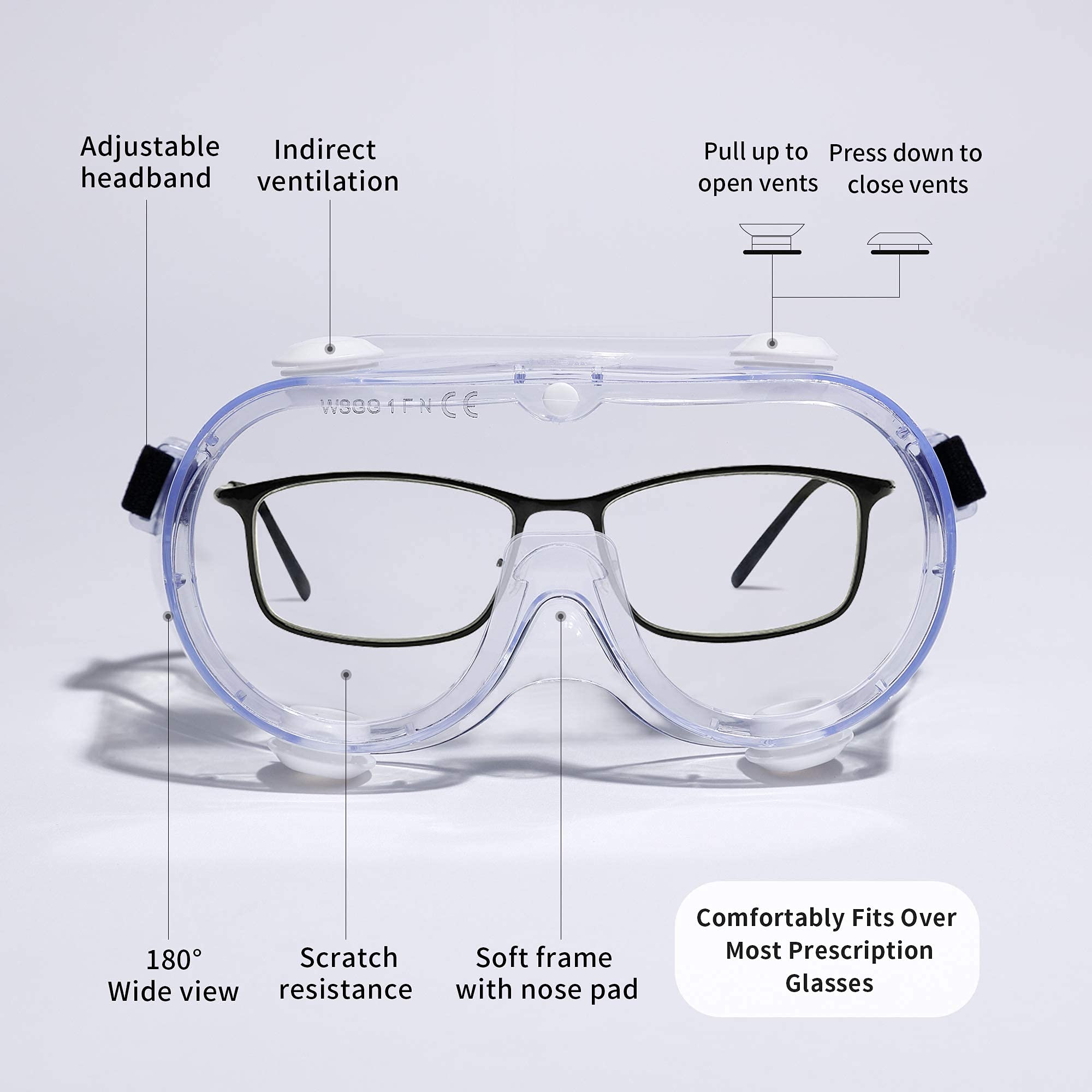 WSGG Medical Safety Goggles Fit Over Glasses for Men and Women, FDA Registered, Anti-Fog, Anti-Splash