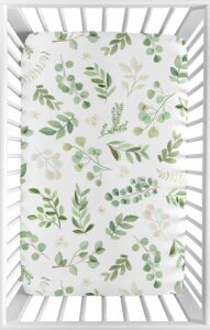 sweet jojo designs floral leaf girl fitted mini crib sheet baby nursery for portable crib or pack and play - green and white boho watercolor botanical woodland tropical garden