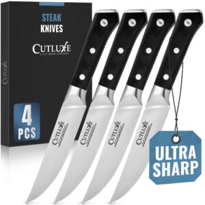 cutluxe steak knives set of 4, straight edge steak knife set – forged high carbon german steel, full tang, ergonomic handle design – artisan series