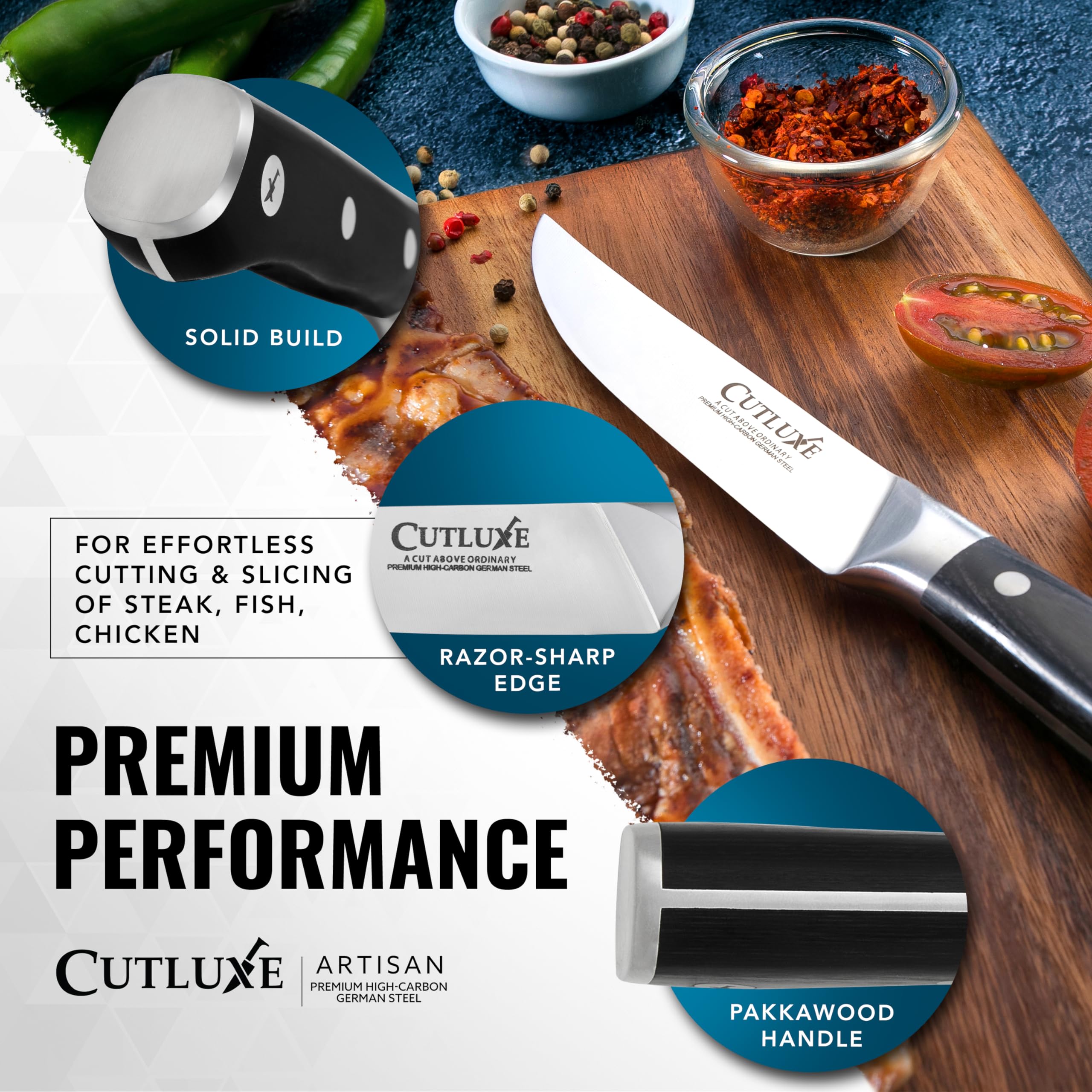 Cutluxe Steak Knives Set of 4, Straight Edge Steak Knife Set – Forged High Carbon German Steel, Full Tang, Ergonomic Handle Design – Artisan Series