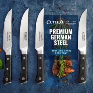 Cutluxe Steak Knives Set of 4, Straight Edge Steak Knife Set – Forged High Carbon German Steel, Full Tang, Ergonomic Handle Design – Artisan Series