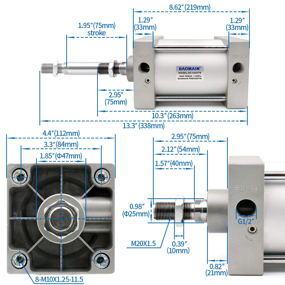 Baomain Pneumatic Air Cylinder SC 100 x 75 PT 1/2; Bore: 4", Stroke: 3"; Screwed Piston Rod Dual Action