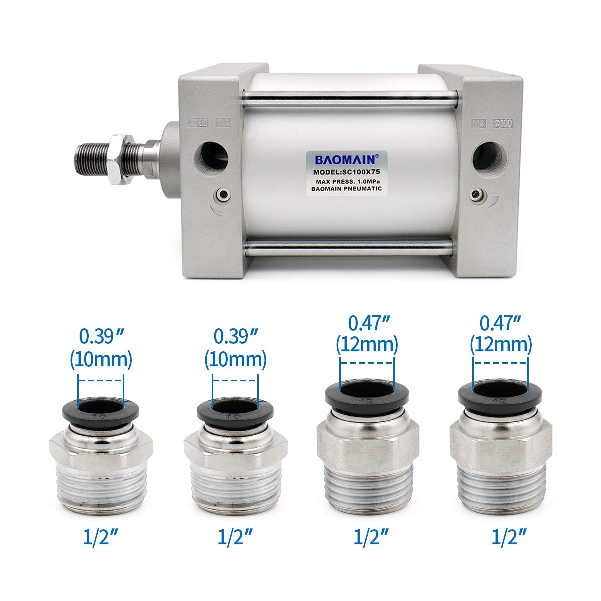 Baomain Pneumatic Air Cylinder SC 100 x 75 PT 1/2; Bore: 4", Stroke: 3"; Screwed Piston Rod Dual Action