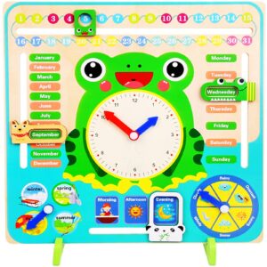 elecnewell wooden learning clock all about today board kids montessori toys for toddlers 3 years - 4 year old learning materials for preschool educational gifts for boys and girls