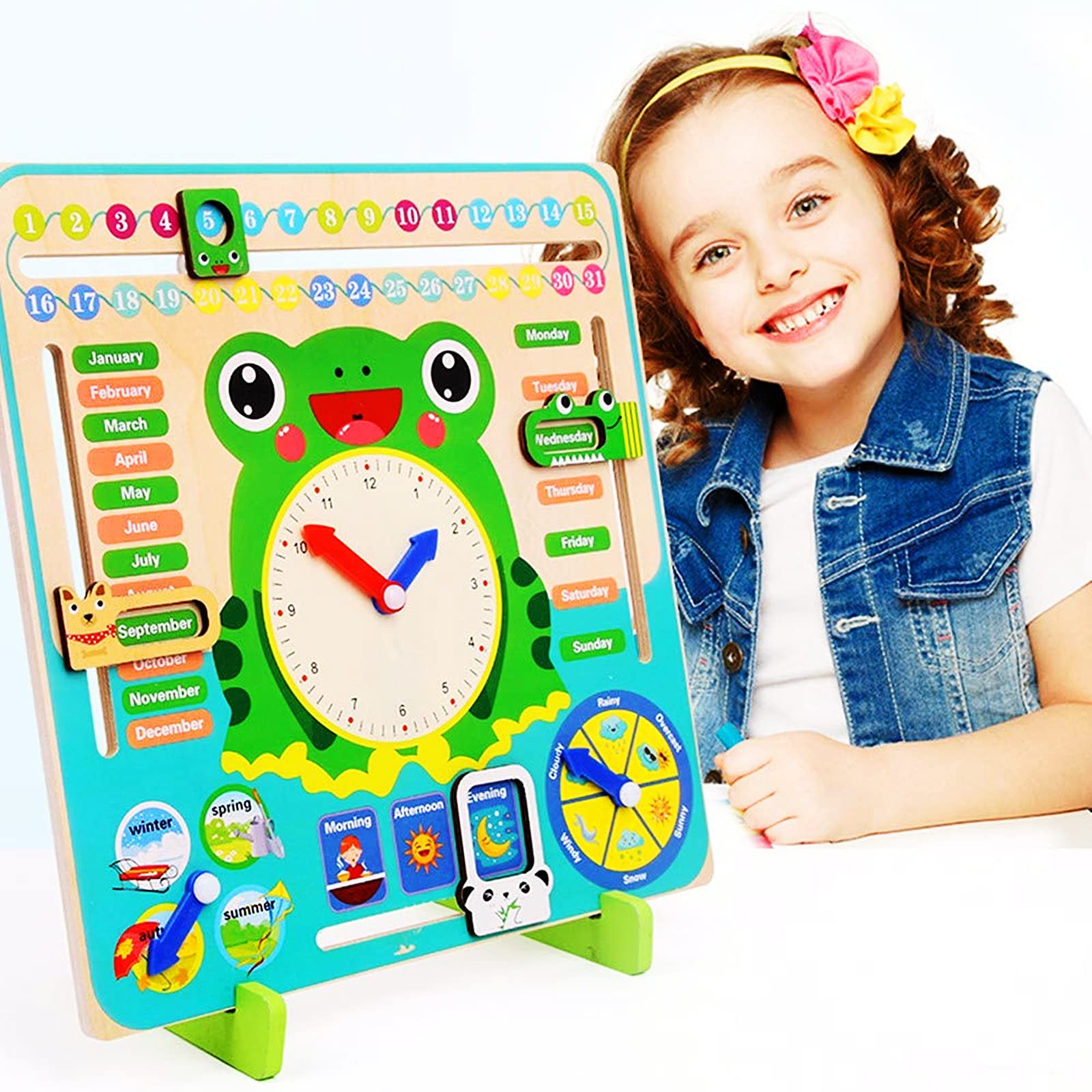 elecnewell Wooden Learning Clock All About Today Board Kids Montessori Toys for Toddlers 3 Years - 4 Year Old Learning Materials for Preschool Educational Gifts for Boys and Girls