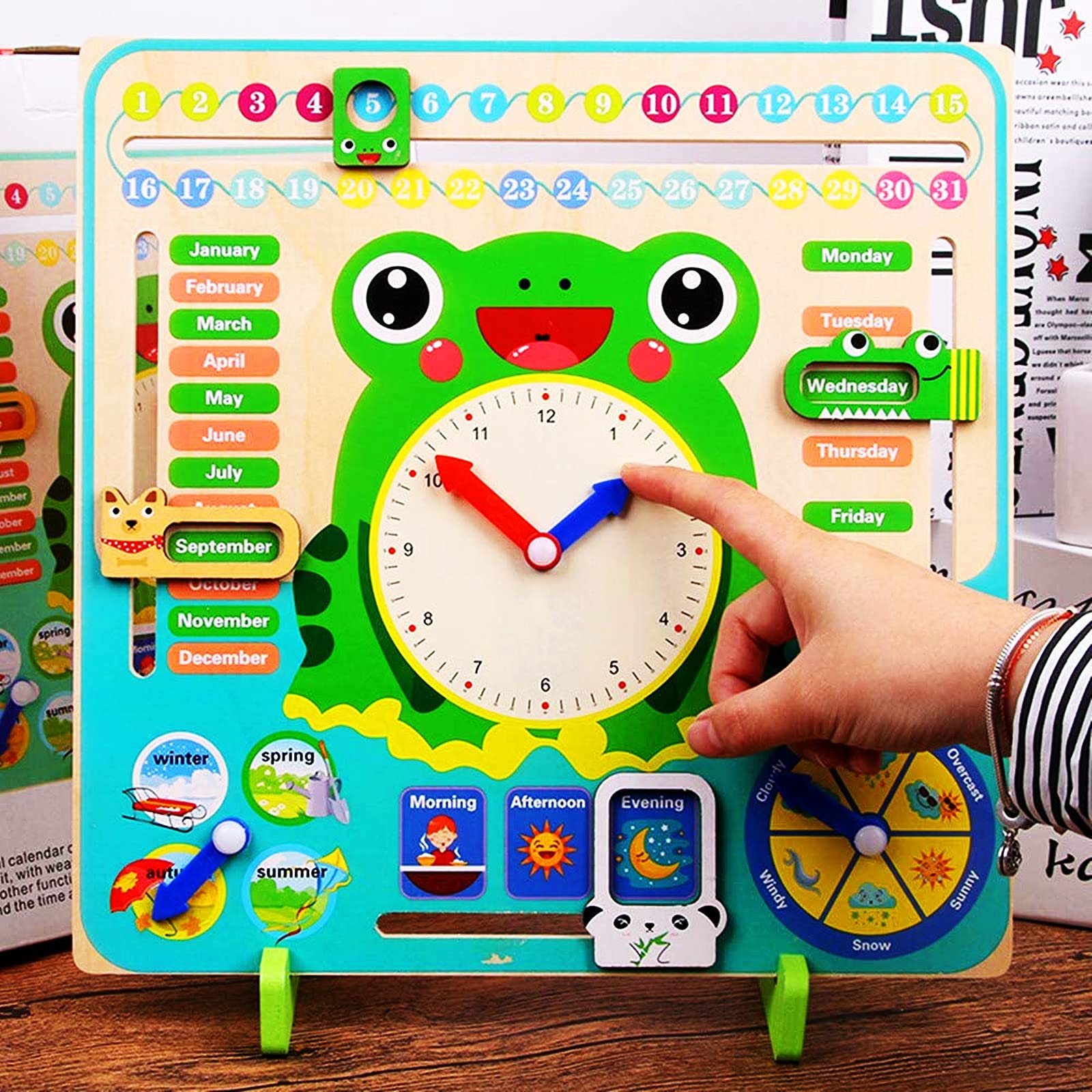 elecnewell Wooden Learning Clock All About Today Board Kids Montessori Toys for Toddlers 3 Years - 4 Year Old Learning Materials for Preschool Educational Gifts for Boys and Girls