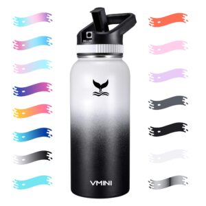 vmini water bottle with straw, wide sturdy straw lid with dust proof cap, wide mouth vacuum insulated stainless steel water bottle, gradient white+black, 32 oz