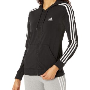 adidas Women's Essentials Single Jersey 3-Stripes Full-Zip Hoodie, Black/White, Small