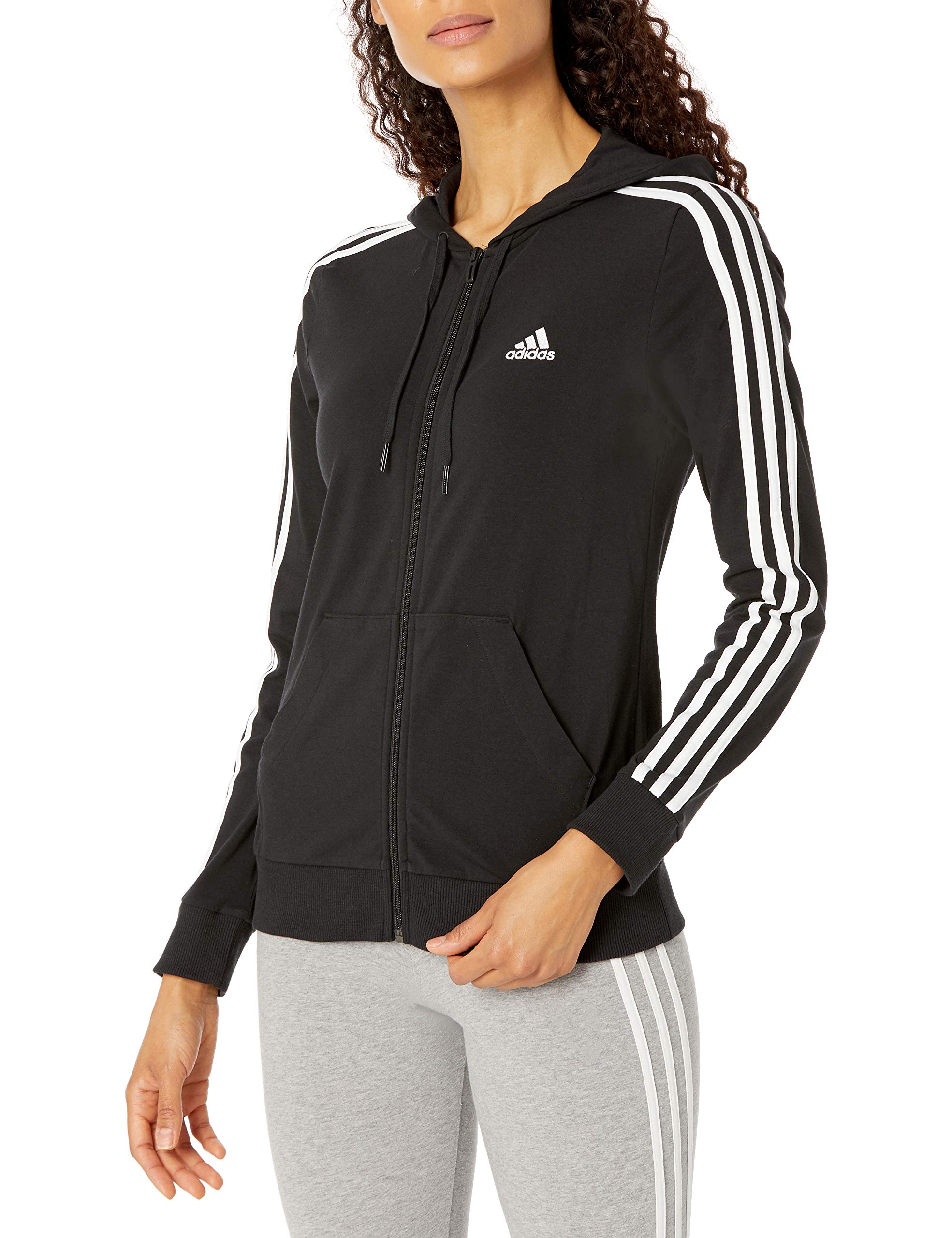 adidas Women's Essentials Single Jersey 3-Stripes Full-Zip Hoodie, Black/White, Small