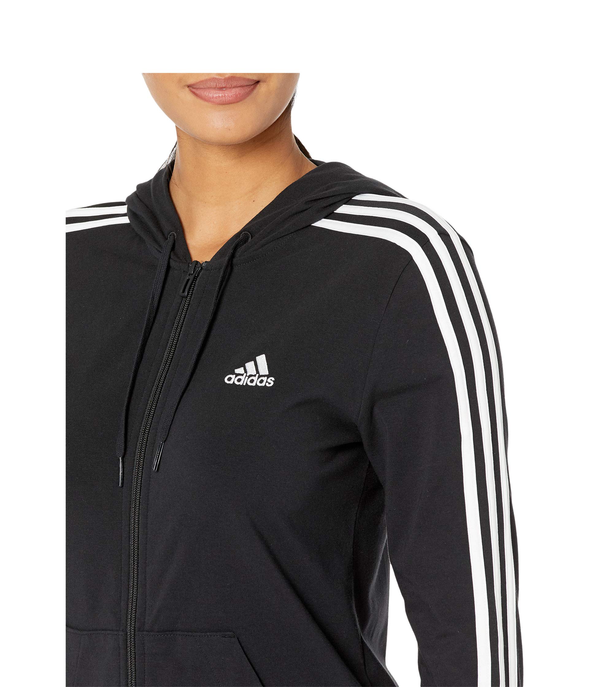 adidas Women's Essentials Single Jersey 3-Stripes Full-Zip Hoodie, Black/White, Small