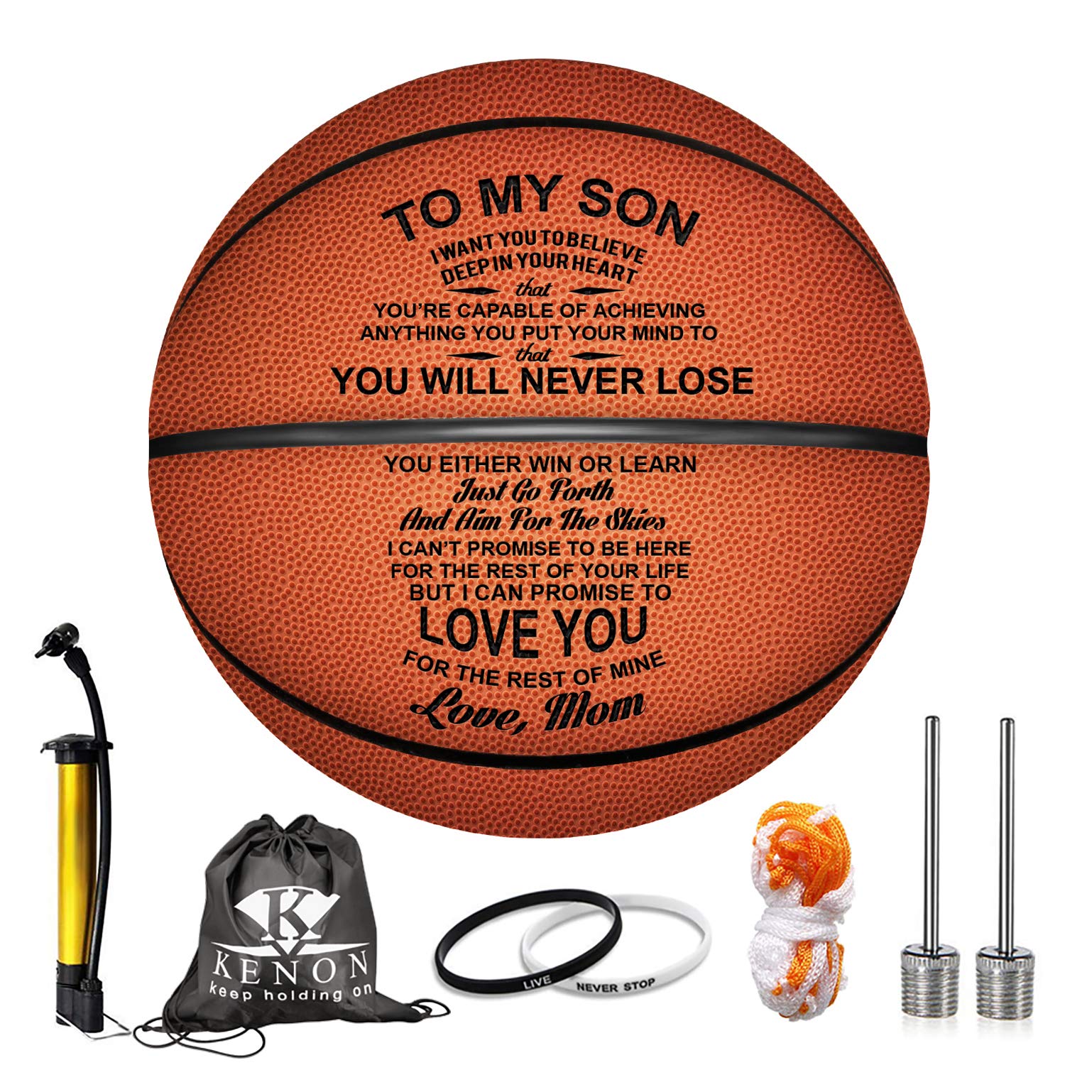 Kenon Engraved 29.5 Inch Basketball for Son - Personalized Basketball Indoor/Outdoor Game Ball- You Will Never Lose Encouragement Gift for Graduation Birthday Christmas (for Son from Mom)